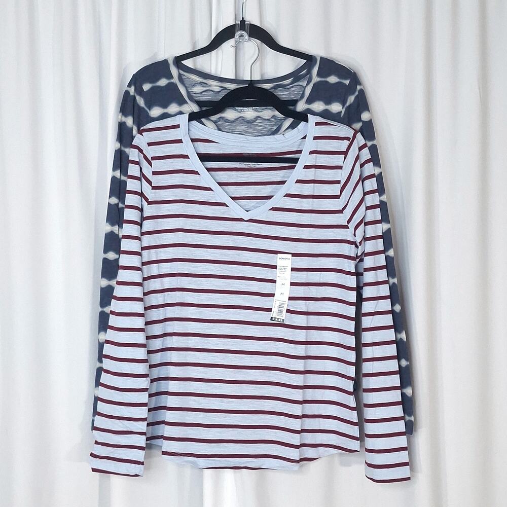 Sonoma Women's Medium Everyday Tee Set of 2 Striped V-Neck Long Sleeve NWT
